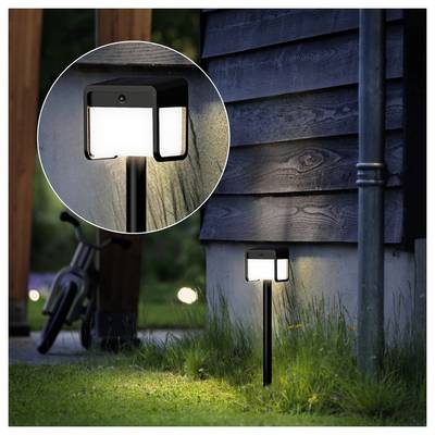 Outdoor solar path light illuminating grass beside a house at dusk, with an inset close-up of the light fixture.