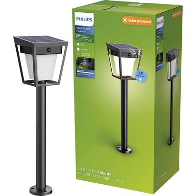 Philips solar-powered outdoor pedestal light with 250 lumen LED, shown beside its green product box.