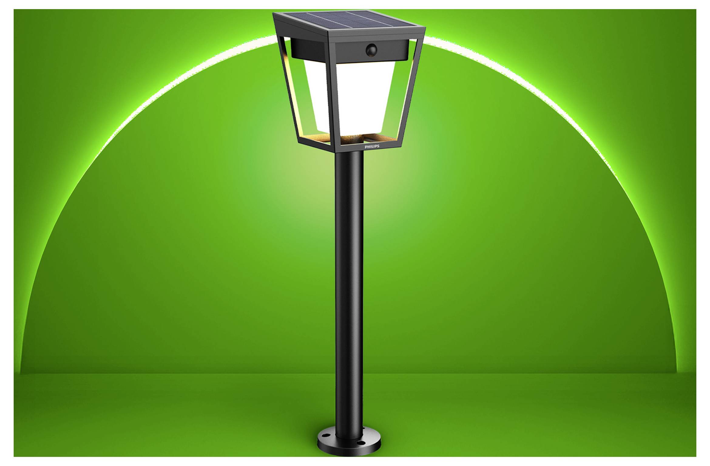 Black outdoor post light with solar panel top, shown against a bright green gradient background.