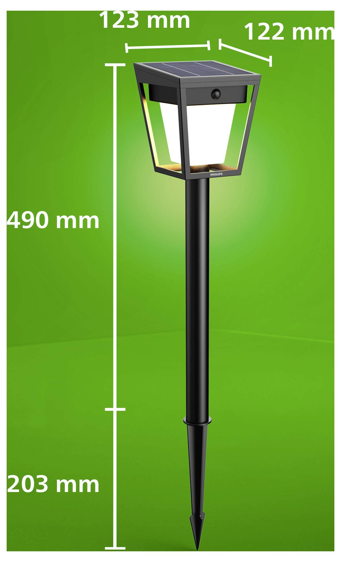 Solar path light on stake, shown with dimensions: 490 mm tall, 123 mm wide at top, 122 mm deep, against a green background.<br>