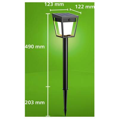 Solar path light on stake, shown with dimensions: 490 mm tall, 123 mm wide at top, 122 mm deep, against a green background.<br>