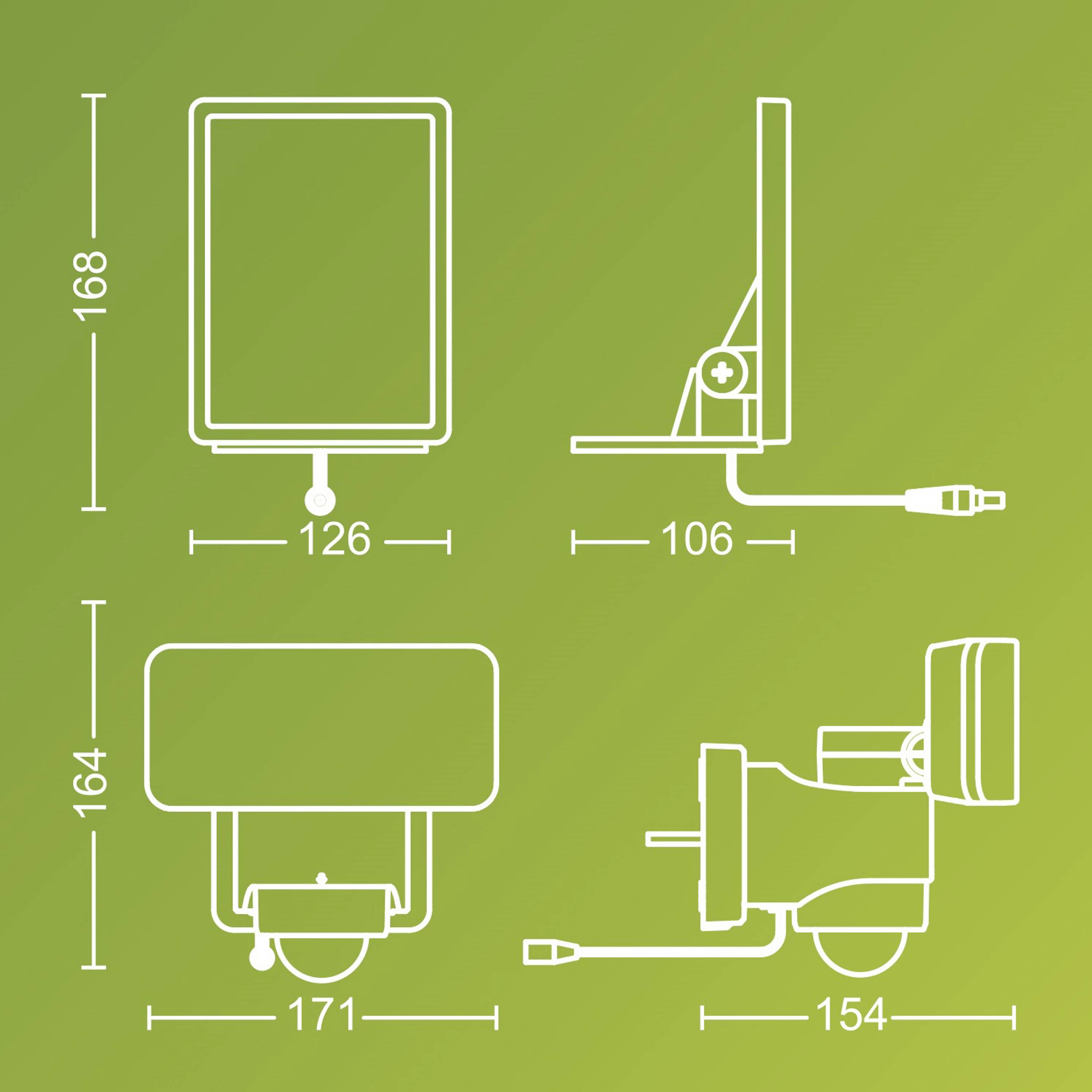 Technical drawing of a rectangular device with dimensions: height 168 or 164 mm, width 126 or 171 mm, depth 106 or 154 mm.