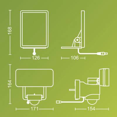 Technical drawing of a rectangular device with dimensions: height 168 or 164 mm, width 126 or 171 mm, depth 106 or 154 mm.