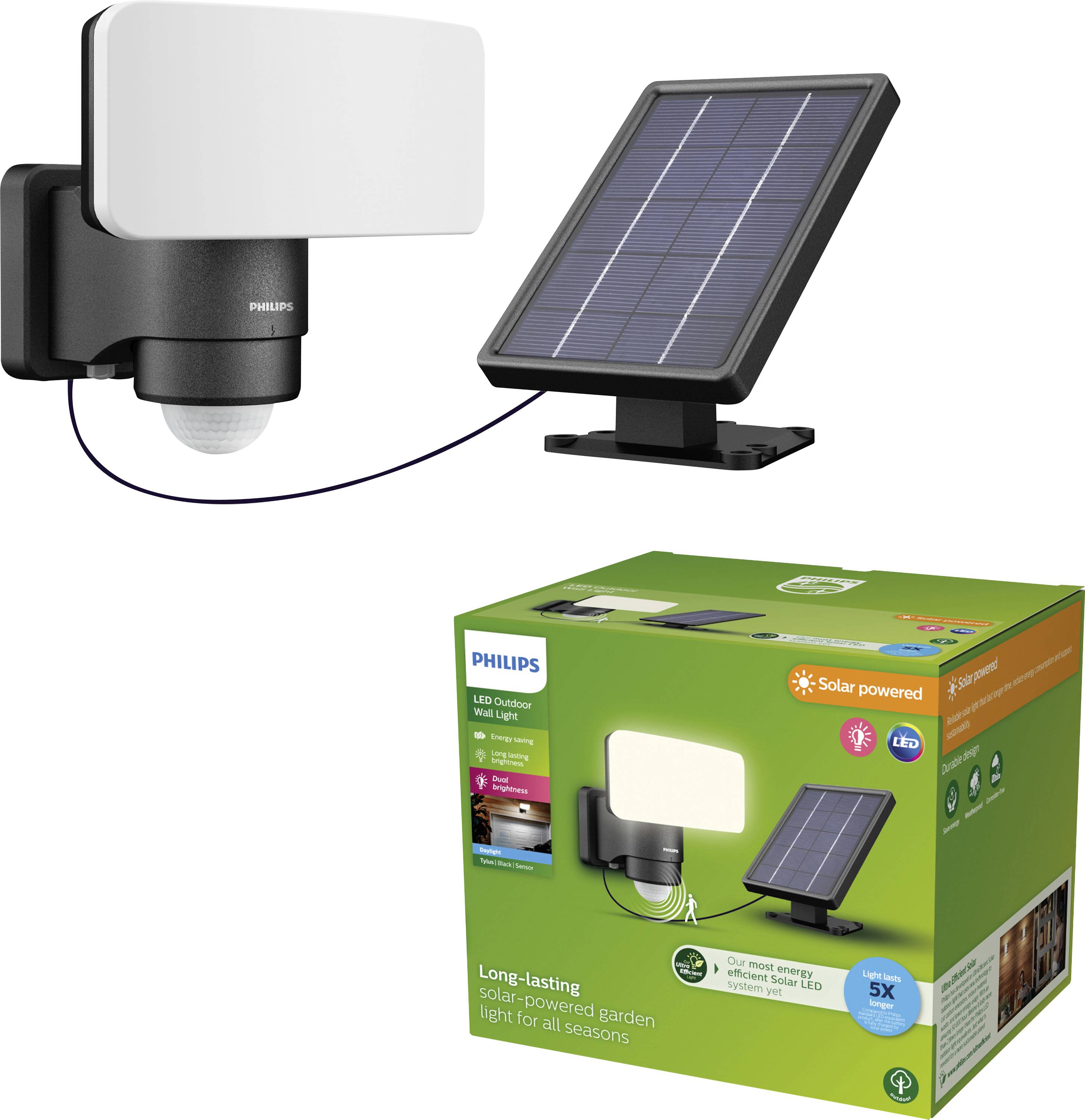 Solar-powered LED outdoor light with motion sensor, suitable for garden lighting. Packaging displays product image and brand name.