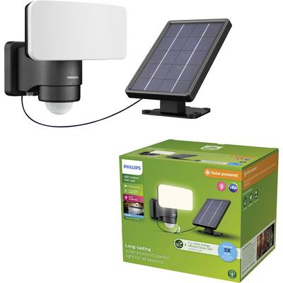 Solar-powered LED outdoor light with motion sensor, suitable for garden lighting. Packaging displays product image and brand name.