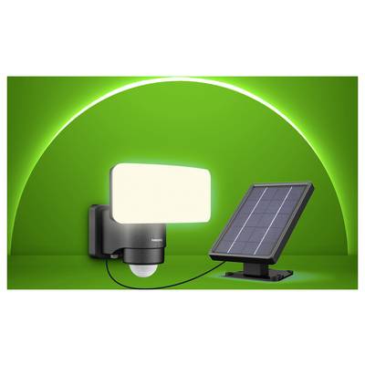 Solar-powered motion sensor security light with attached panel on a green background.