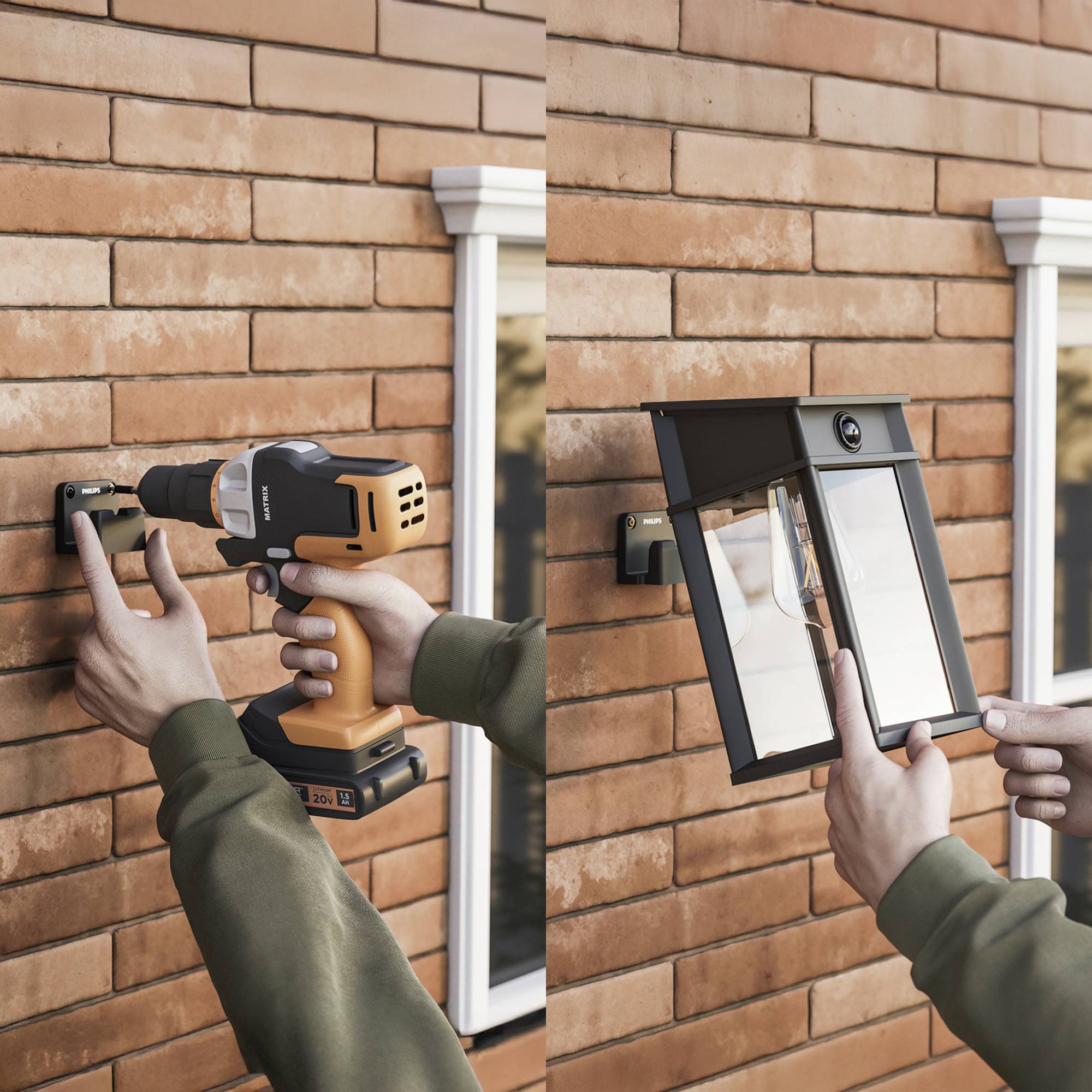 A person is attaching a wall lantern. Left: Drilling holes in the brick wall, right: Positioning and mounting the lantern.