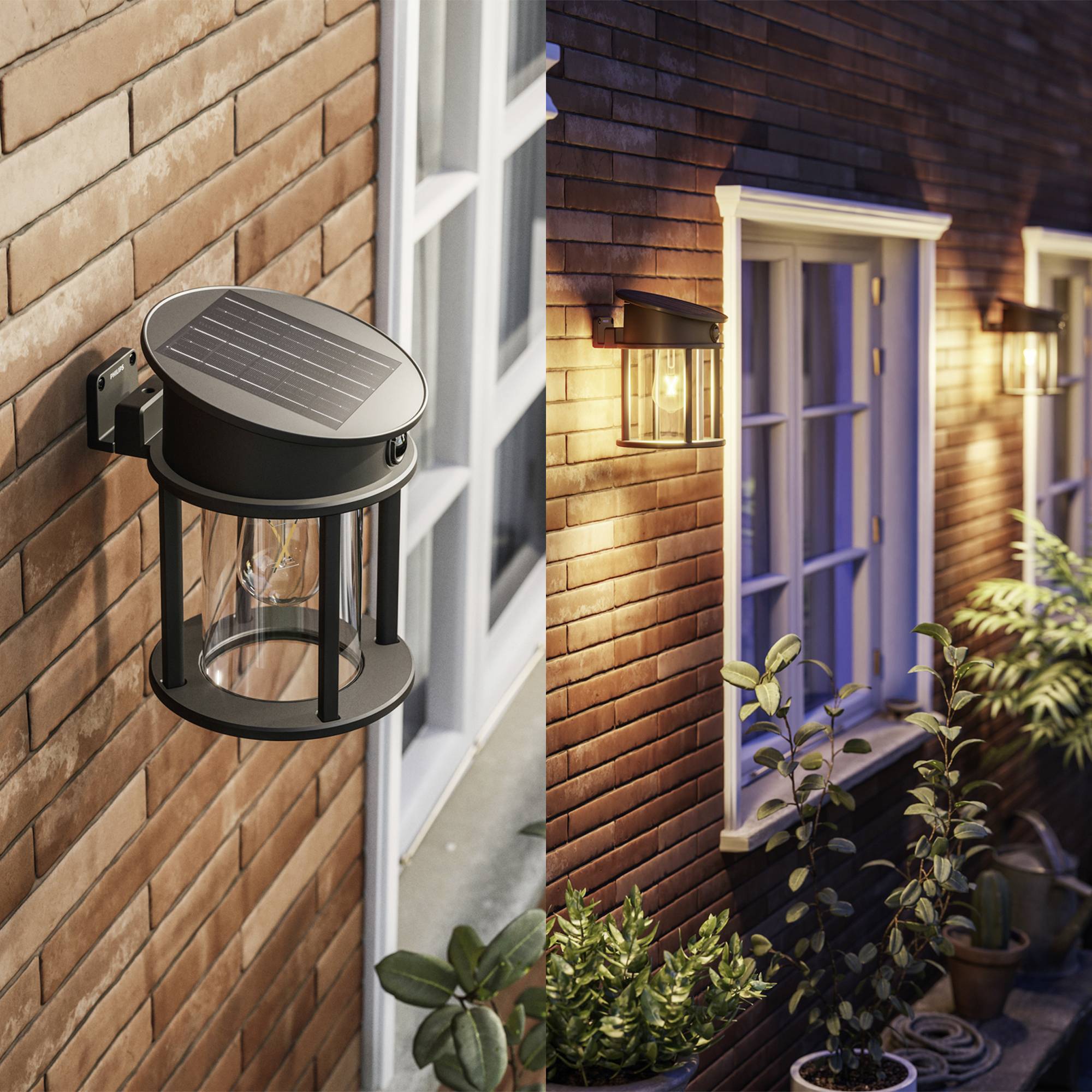 Solar lamp on a red brick wall, glowing in the evening, illuminating plants and windows. Energy-efficient outdoor lighting.