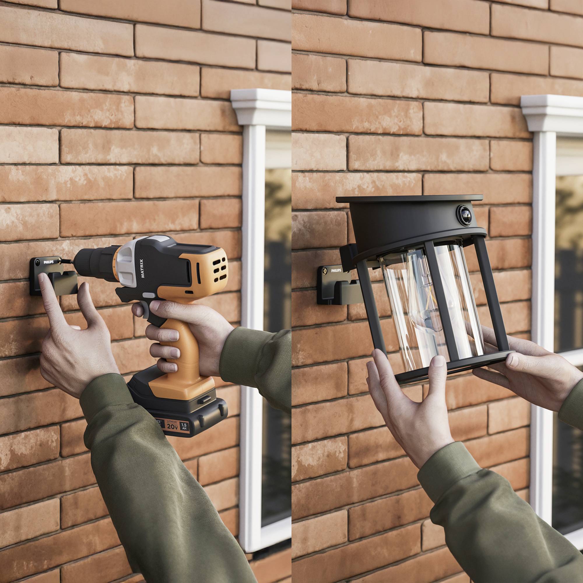 A person is installing an exterior light on a brick wall using a cordless drill to secure the lamp.