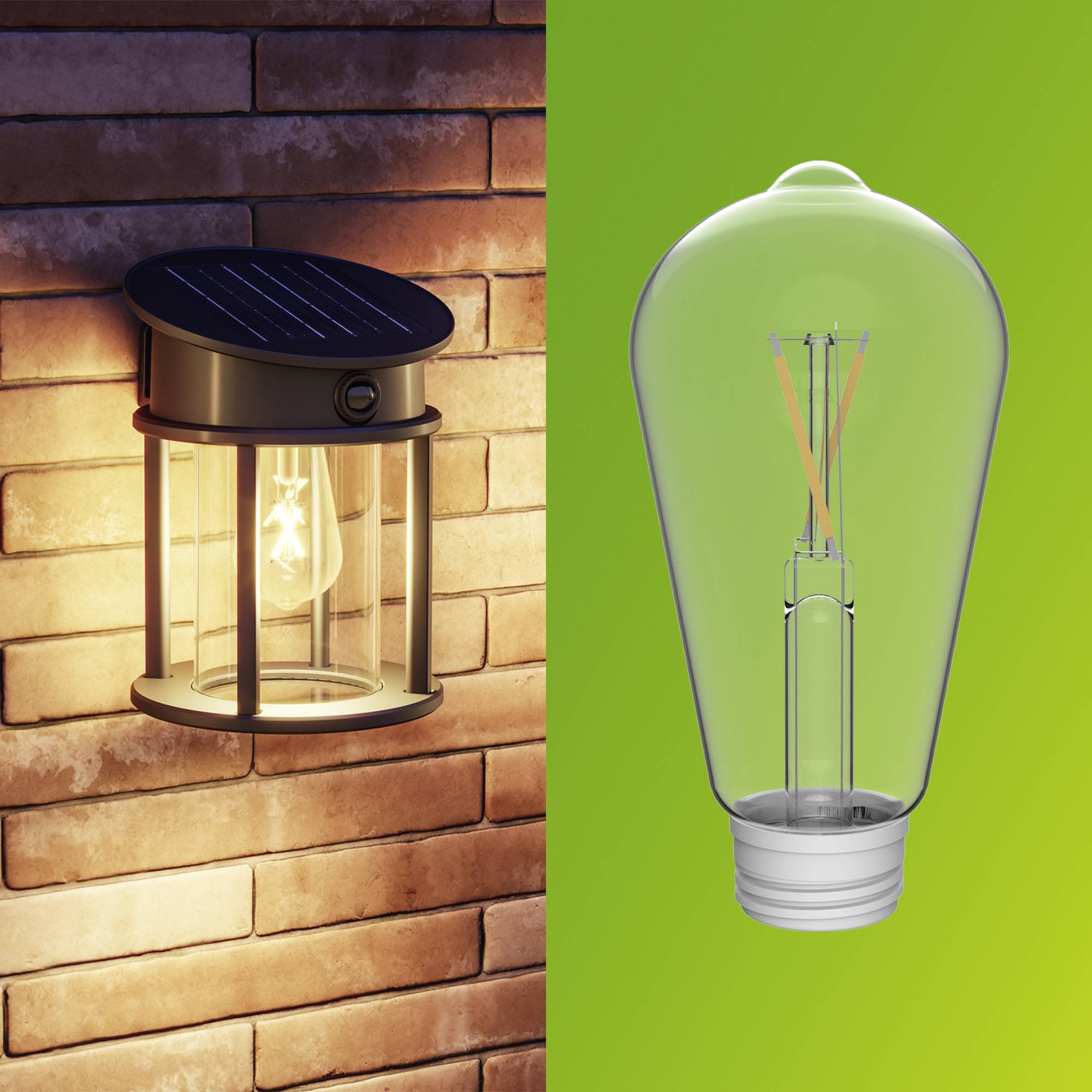 Links: A wall light on a brick wall. Right: A light bulb on a green background. Both are shining brightly.