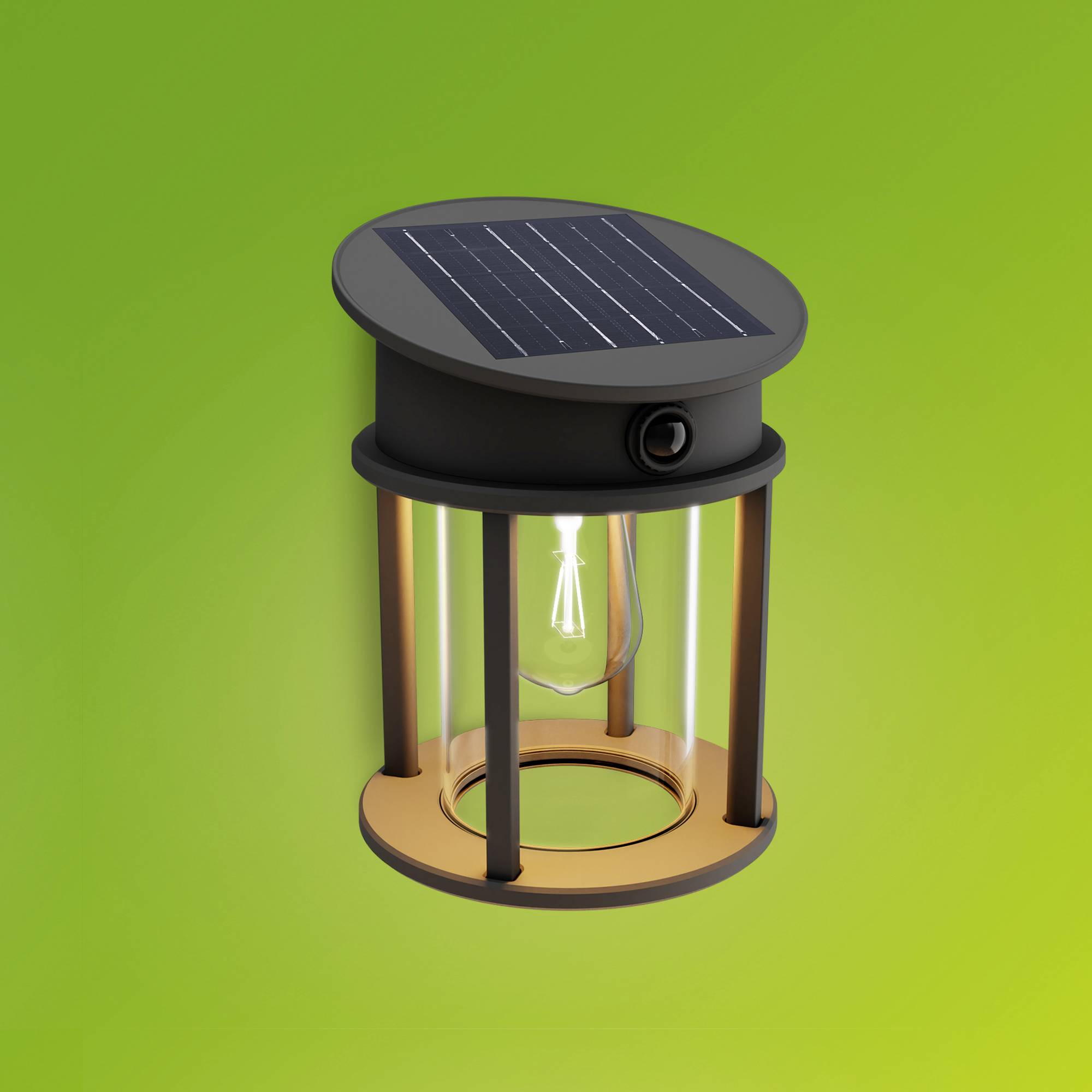 Solar lamp with a cylindrical design on a green background. A solar panel is located at the top. Ideal for eco-friendly lighting.