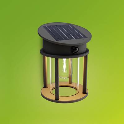 Solar lamp with a cylindrical design on a green background. A solar panel is located at the top. Ideal for eco-friendly lighting.