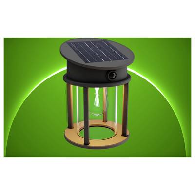 Solar-powered lantern with a top solar panel and glowing bulb inside, set against a bright green background.