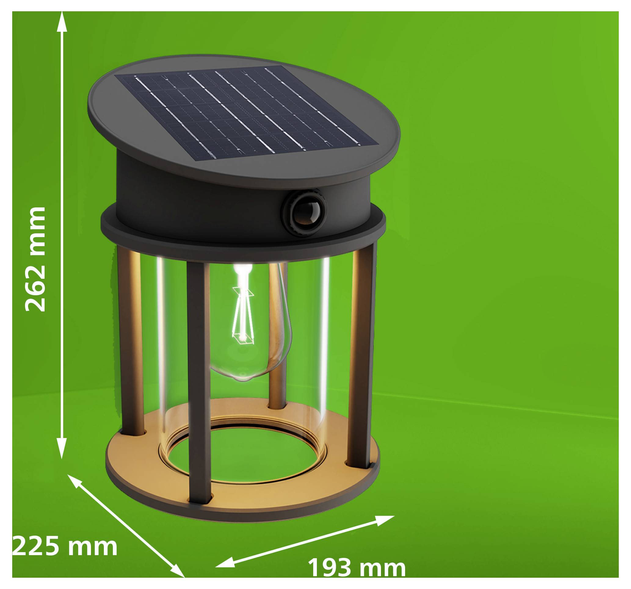Solar-powered cylindrical lamp or lantern on green background, labeled dimensions 262 mm tall, 225 mm wide, and 193 mm deep.
