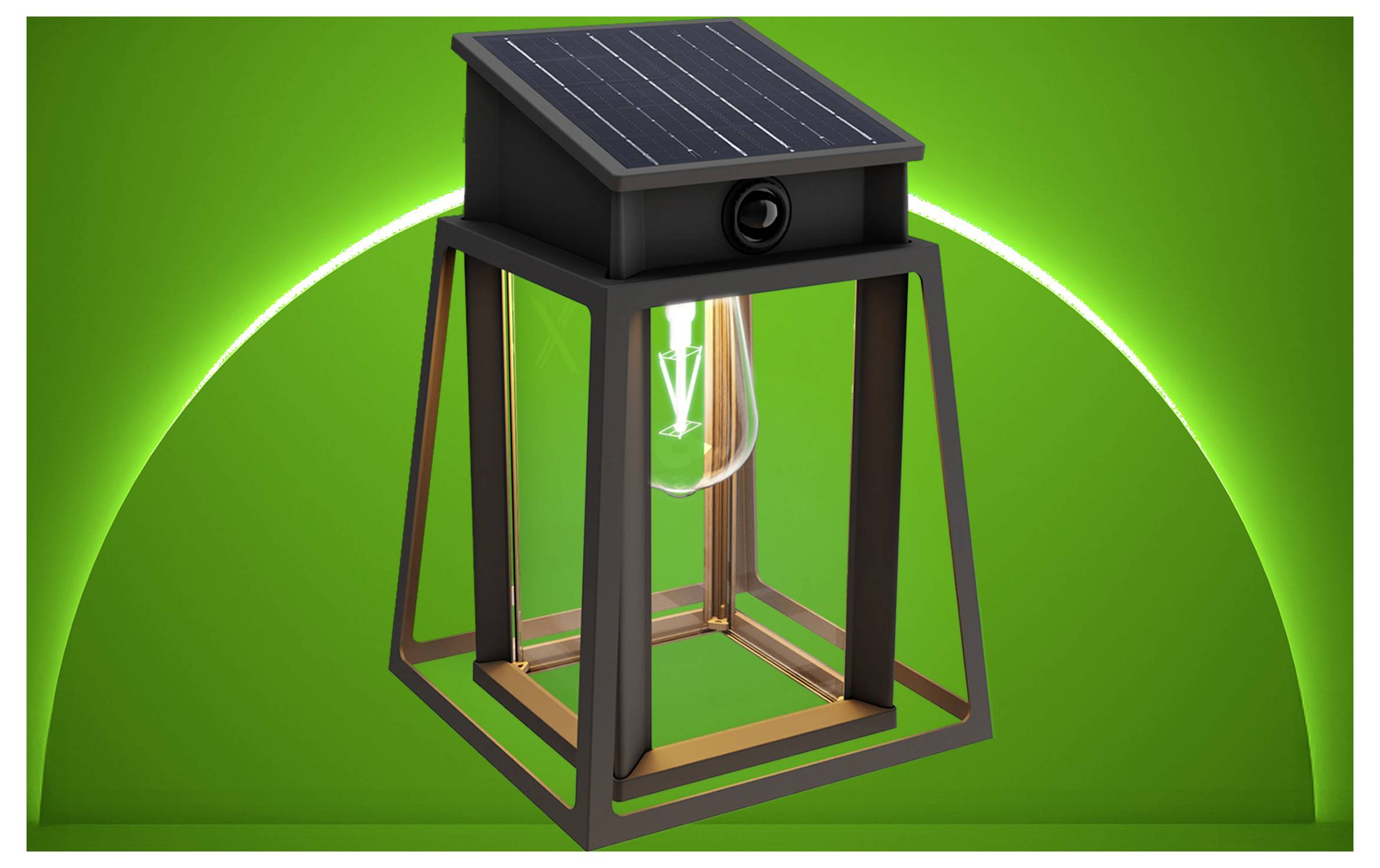 Solar-powered lantern with a roof-mounted panel and central light in a dark metal frame, shown on a green background.