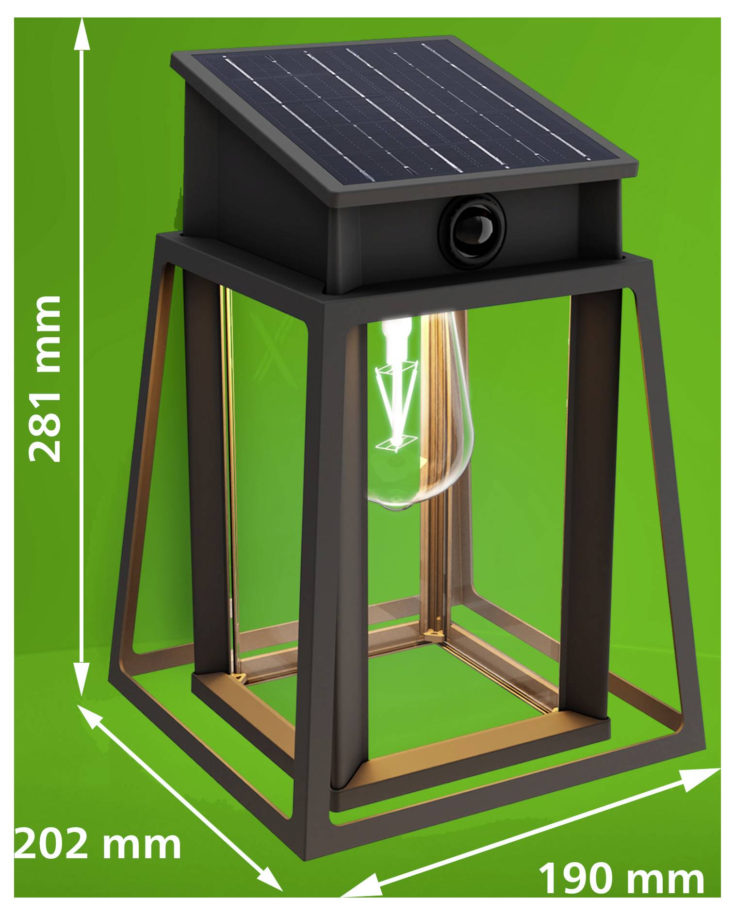 Solar-powered lantern with integrated light and solar panel, shown on a green background with dimensions labeled 281 mm tall, 202 mm deep, and 190 mm wide.