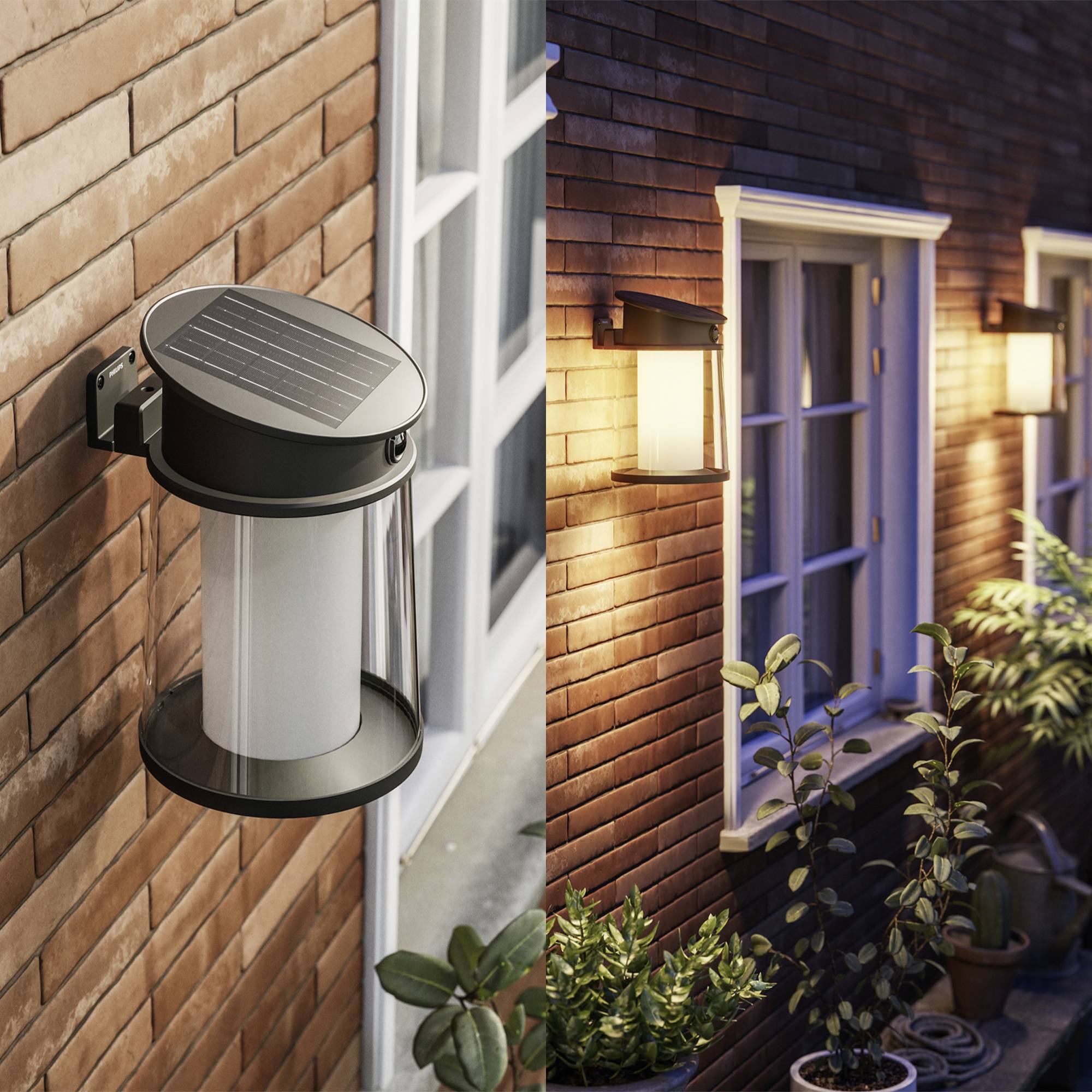 Solar-powered wall light on a brick building and illuminated terrace at dusk with plants in the foreground.