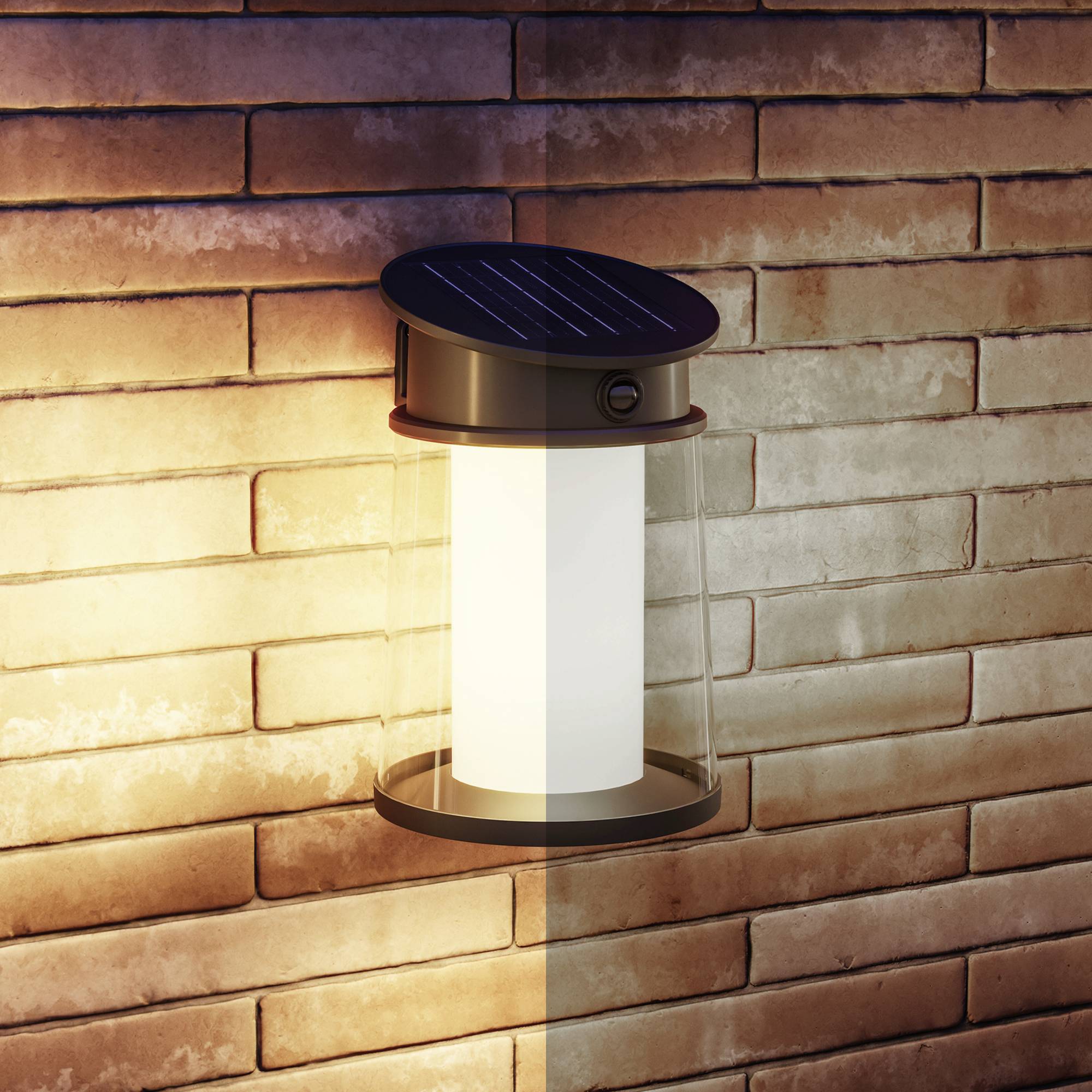 A solar light on a brick wall illuminates to the right. It has a transparent casing and a solar panel on top.