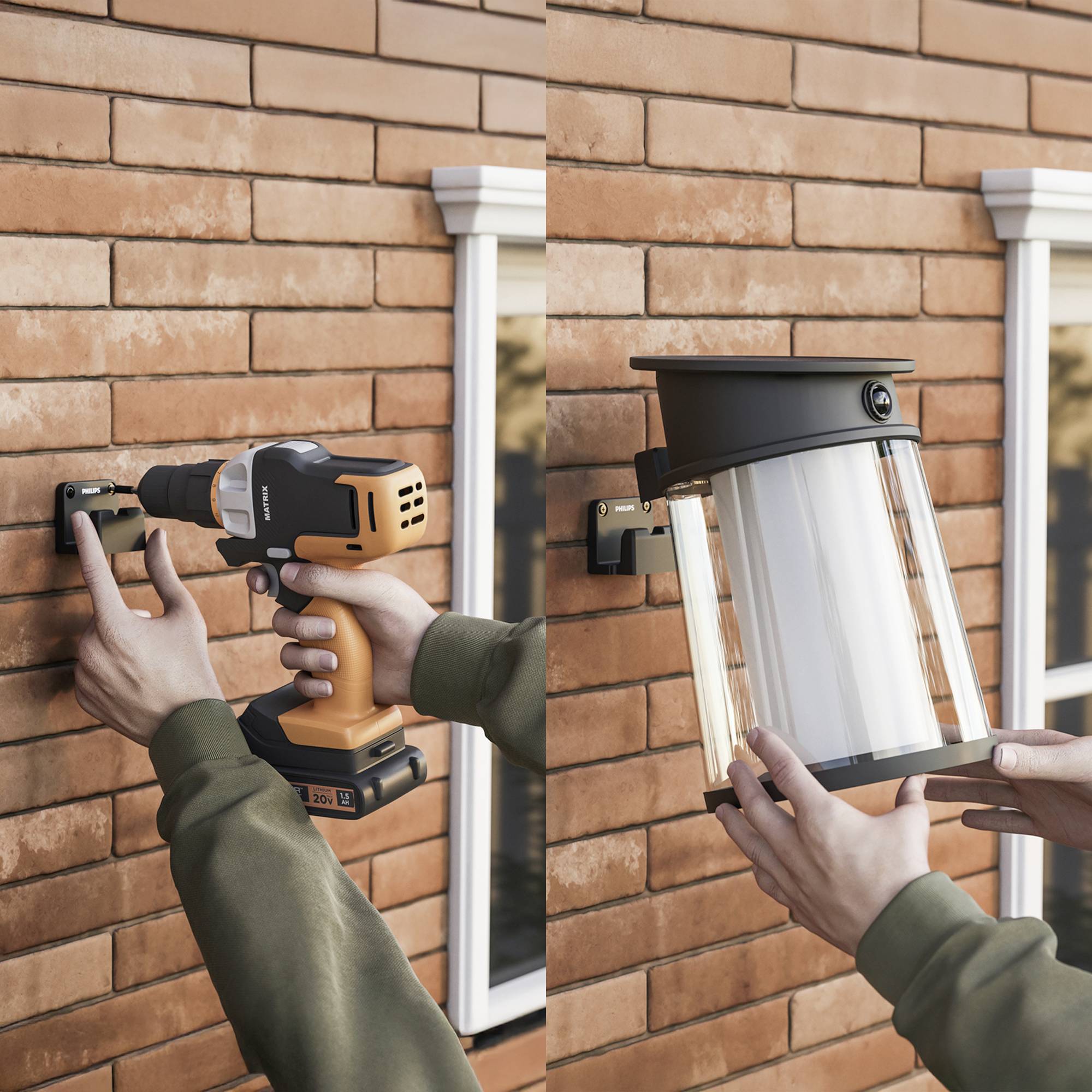 A person is attaching an exterior light to a brick wall. On the left, a bracket is being mounted with a cordless drill, and on the right, the complete light fitting is being installed.