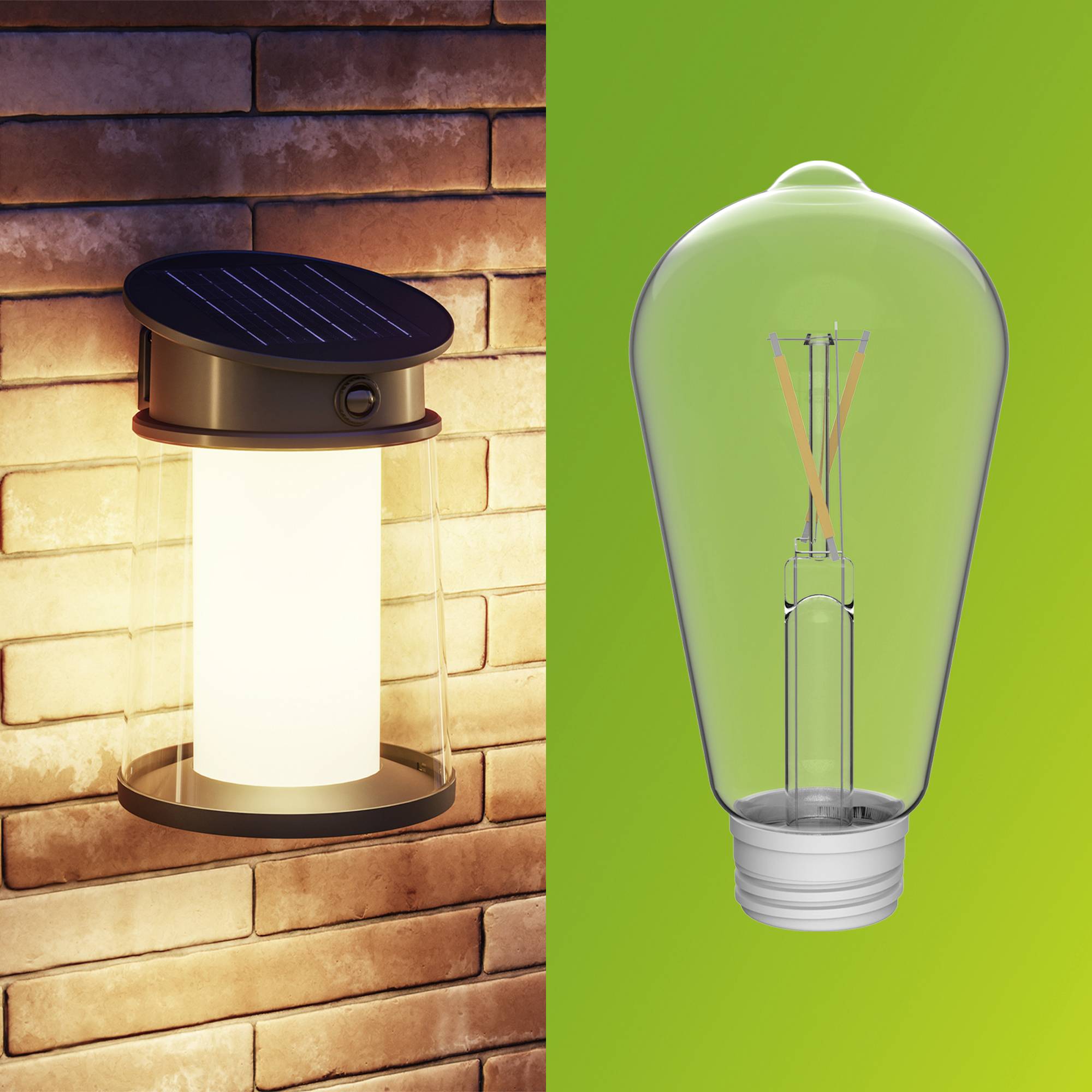 Left half: Solar wall light on a brick wall. Right half: Lightbulb with visible filament against a green background.
