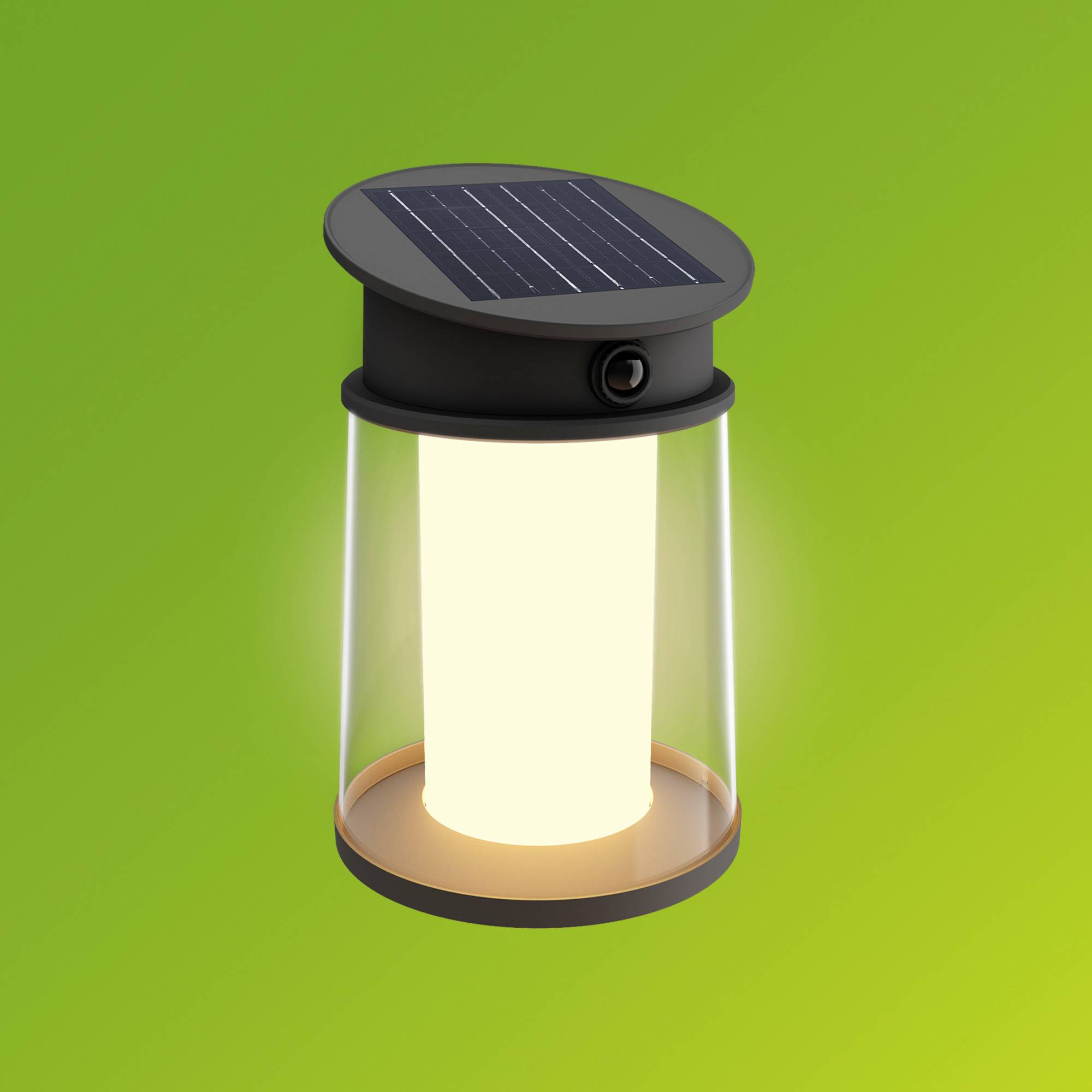 A solar-powered garden lamp illuminates against a green background. A solar panel for energy generation is mounted at the top.