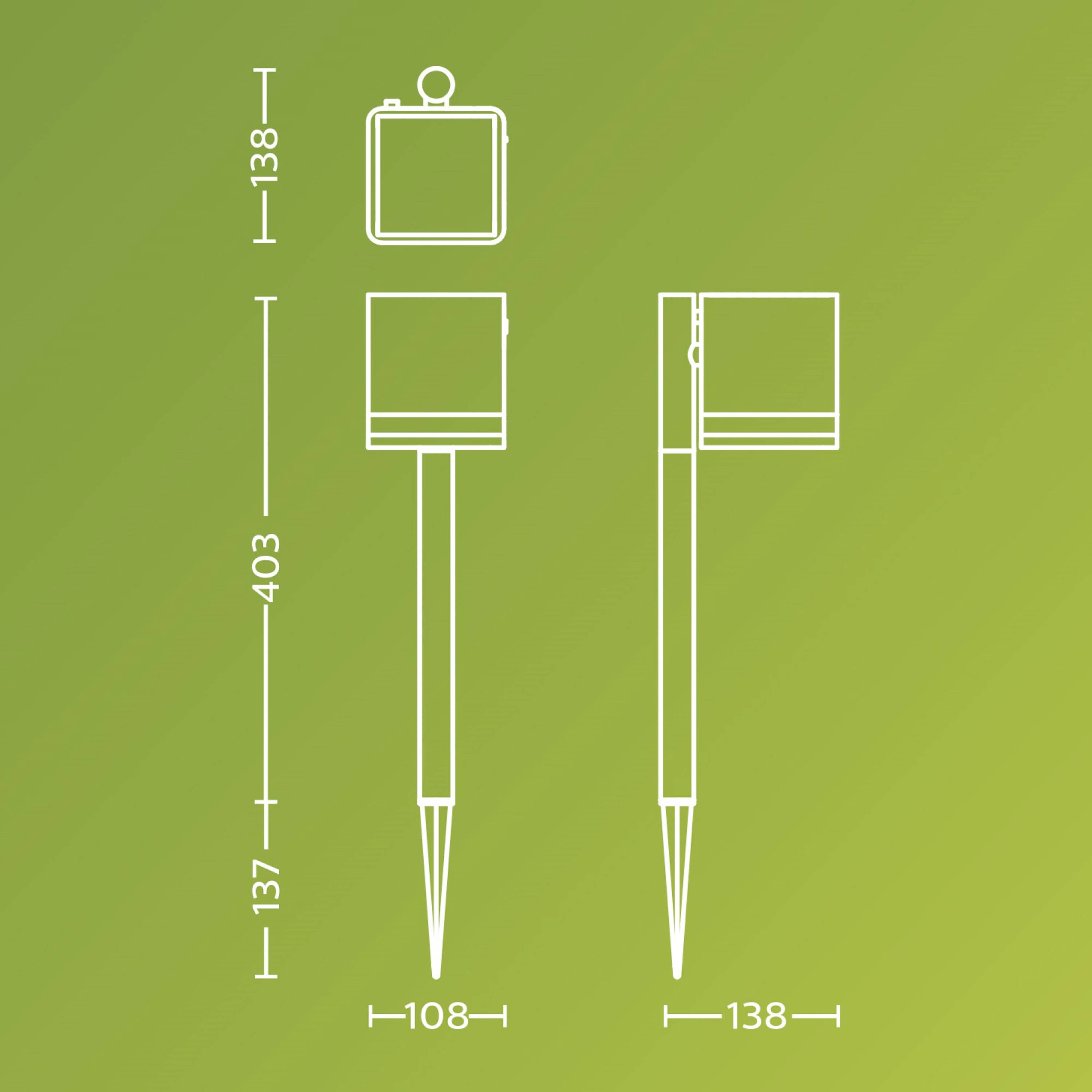 Blueprint of a device with three views. Dimensions: height 403, width 138, depth 108. Device stands on a pointed stand. Background green.