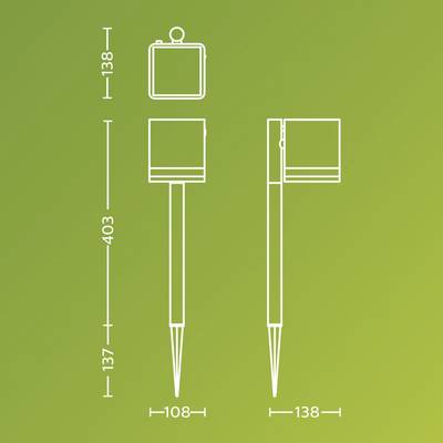 Blueprint of a device with three views. Dimensions: height 403, width 138, depth 108. Device stands on a pointed stand. Background green.