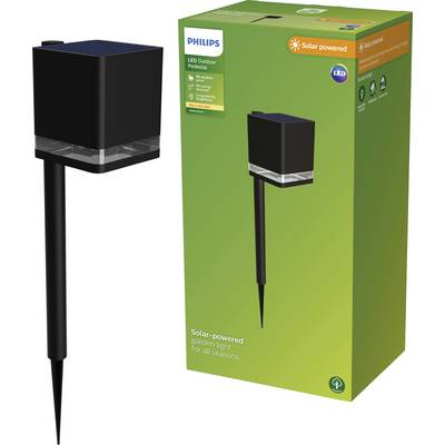 Solar-powered garden lamp by Philips with LEDs. Packaging shows lamp and emphasises eco-friendly, season-independent use.