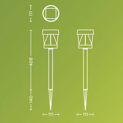 Diagram shows the dimensions of a post: height 408 mm, width 111 mm, with a point 140 mm high. View from above and side view displayed on a green background.