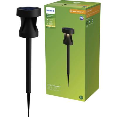 Philips Solar-Powered LED Outdoor Lighting. The image shows a black garden light in front of its green packaging.
