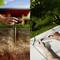 Two images side by side: On the left, someone is installing a garden lamp in the grass. On the right, someone is securing the lamp on concrete.