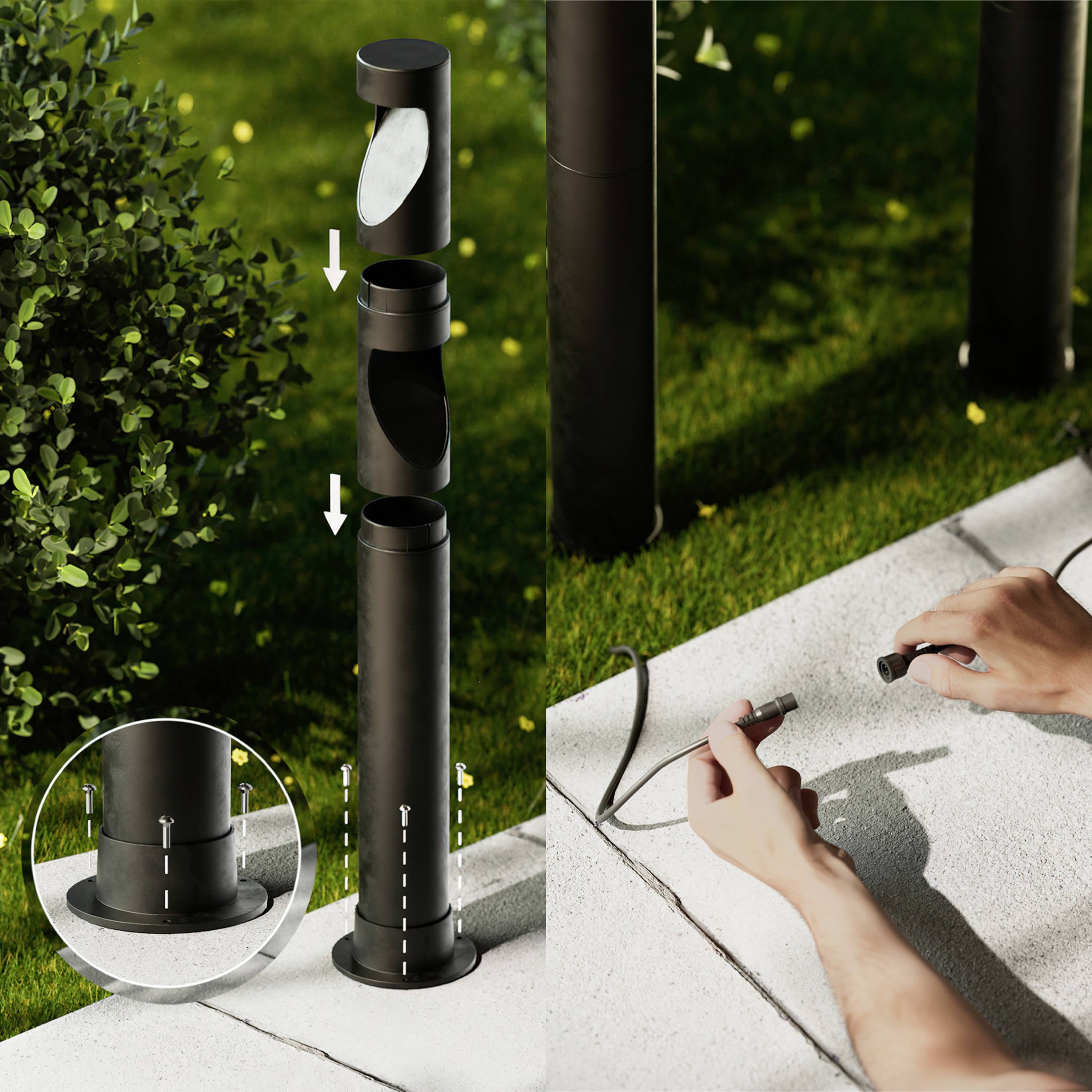 A black garden lamp is inserted into the ground and connected. A pie chart shows the mounting method.