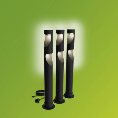 Three black garden lights with modern design, illuminating against a light green background. Suitable for outdoor areas, wired.