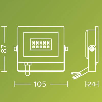LED lamp on a green background, front and side view with dimensions: height 87, width 105, depth 24.
