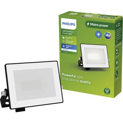 Philips LED Outdoor Floodlight in white housing, on packaging with green background colour. Text: 'Powerful light, long-lasting quality'.