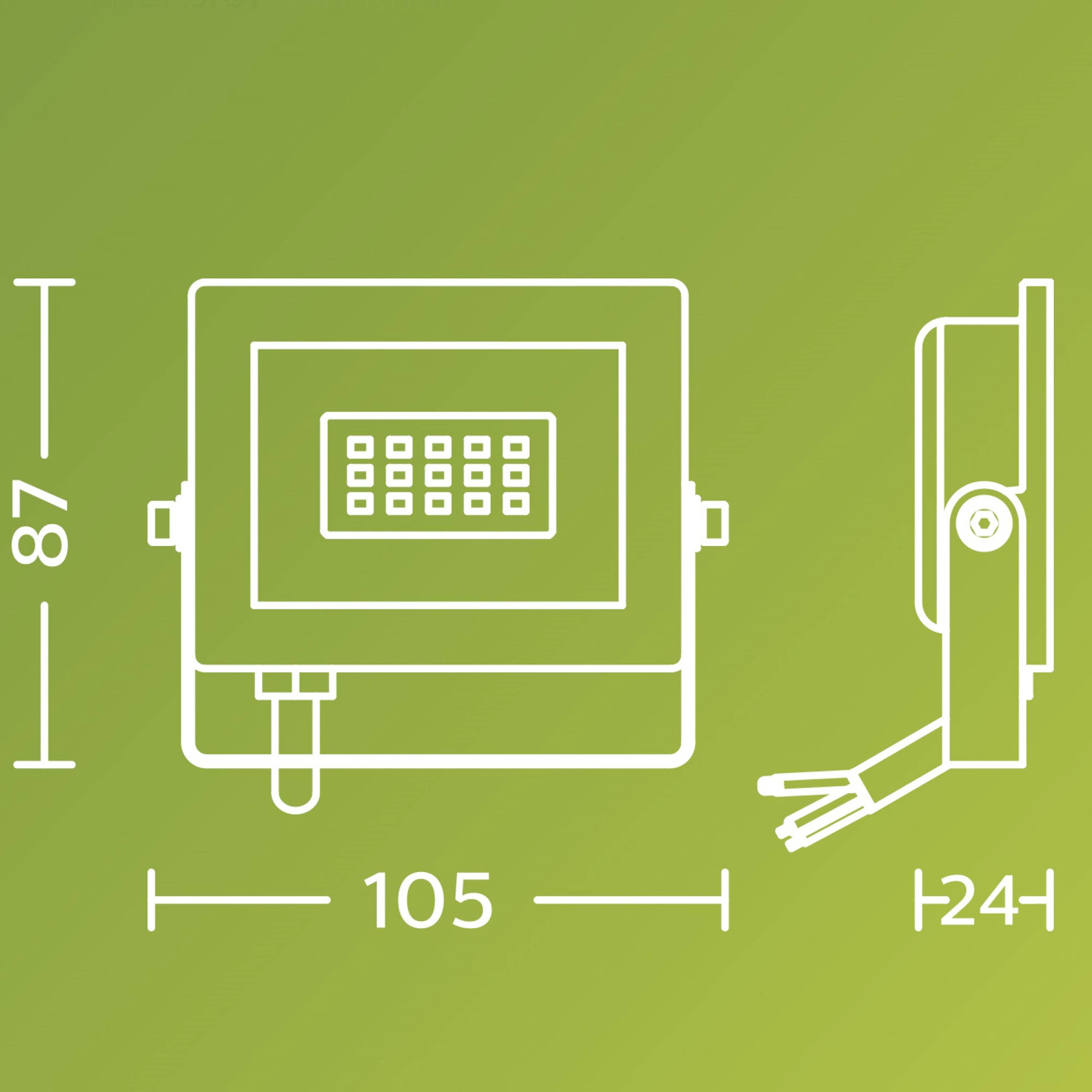Dimensions of a rectangular device: 87 mm high, 105 mm wide, 24 mm deep. Device contains a grid field.