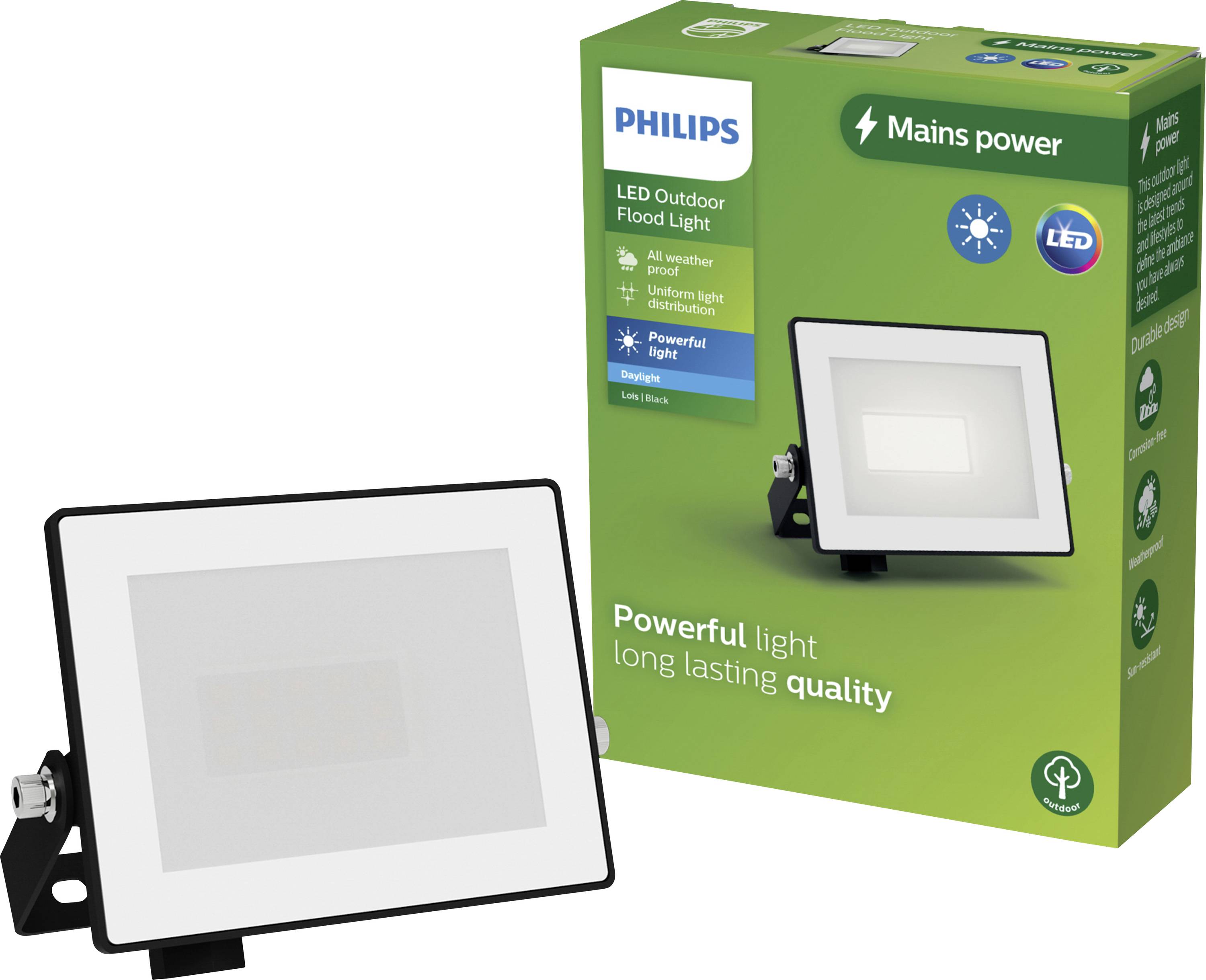 Philips LED Outdoor Floodlight, weatherproof, energy-efficient, powerful light, long-lasting quality. Packaging displays lamp and details.