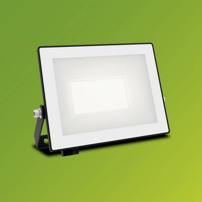 Exterior floodlight with a rectangular, white casing against a green background. Simple design, suitable for garden or yard lighting.