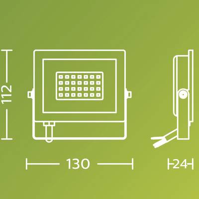 LED Floodlight in Rectangular Form. Front and Side View with Dimensions: Height 112, Width 130, Depth 24. Green Background.