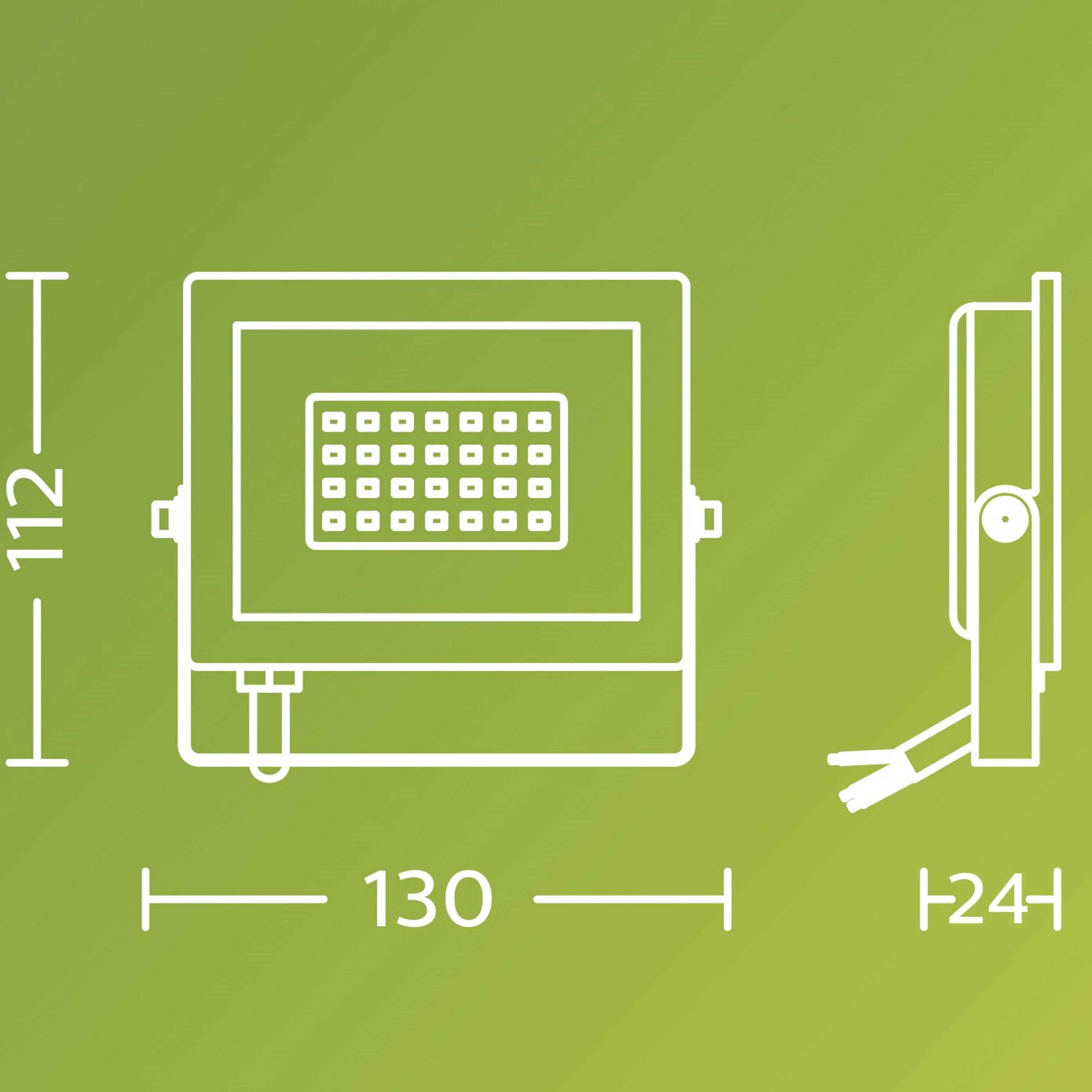 LED floodlight with dimensions: width 130 mm, height 112 mm, depth 24 mm. Side and front view on green background.