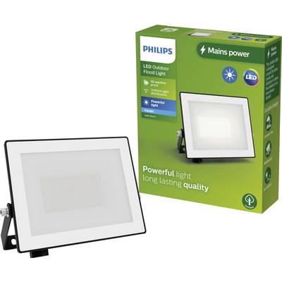 'Philips LED Outdoor Flood Light' Packaging: Key features include powerful, long-lasting light and energy control. Product image included.
