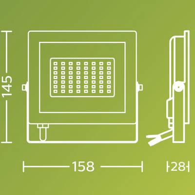 Technical drawing of a rectangular LED flood light. Height: 145 mm, Width: 158 mm, Depth: 128 mm, on a green background.