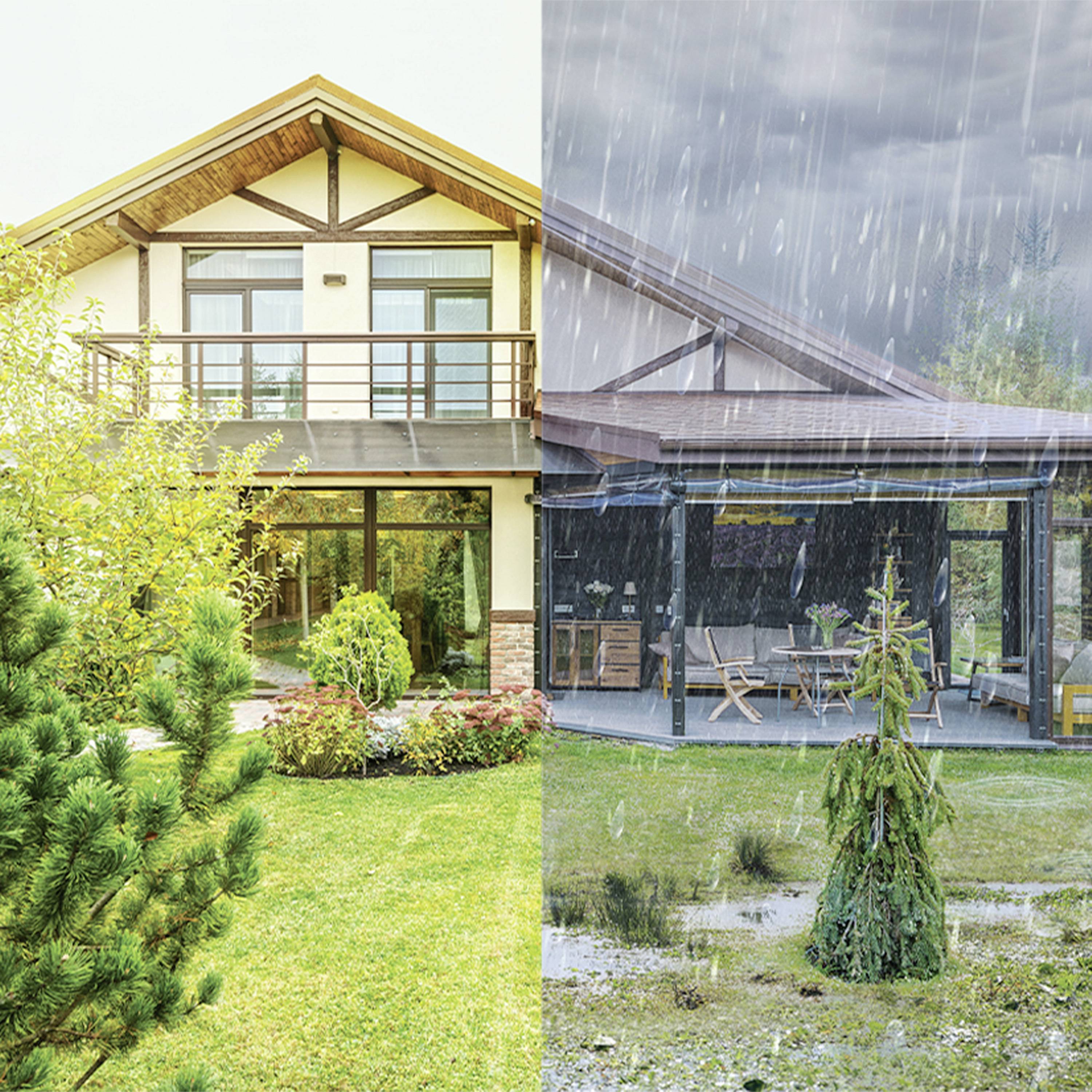 The image depicts a house with a garden in sunny weather on the left and in rainy weather on the right. A contrast between summer and rainy weather.