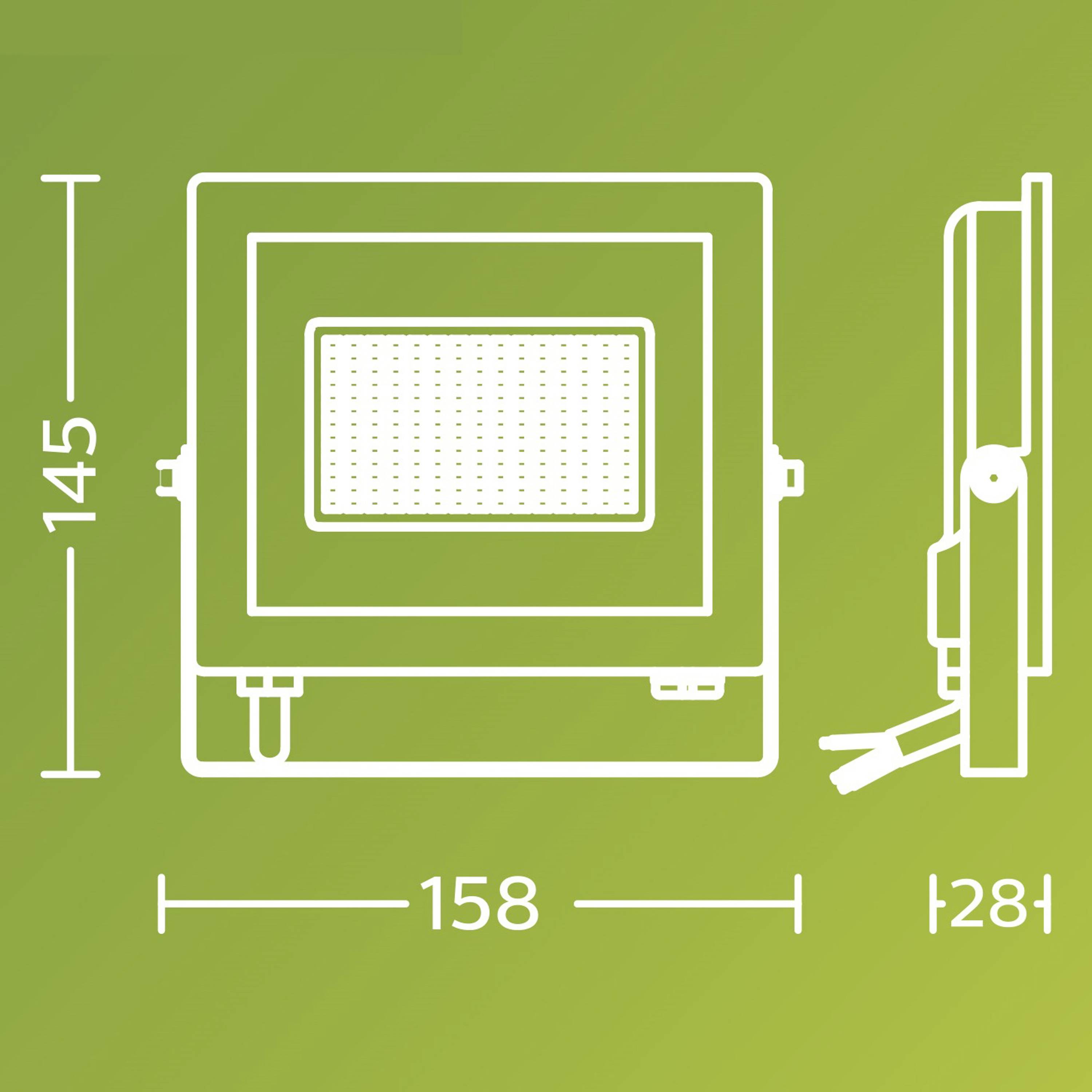 A rectangular headlight with dimensions: height 145 mm, width 158 mm, depth 28 mm. Background in green.