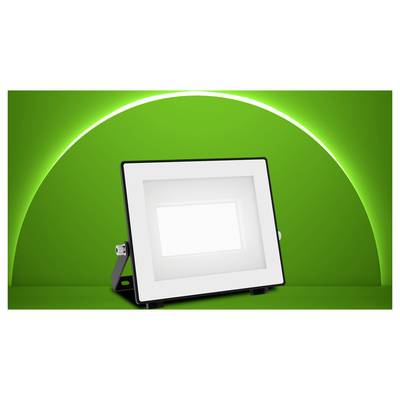 A black-framed LED floodlight on a stand against a bright green background with a glowing arc.