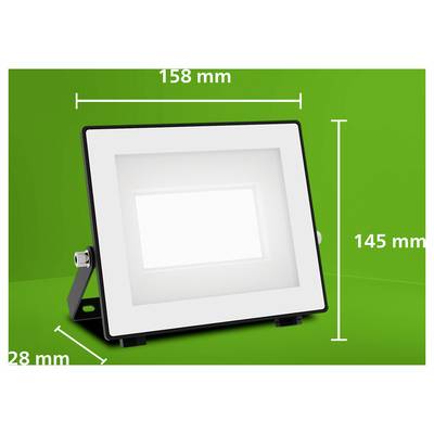 Product image of a rectangular LED floodlight with dimension labels: 158 mm wide, 145 mm high, and 28 mm deep.<br>