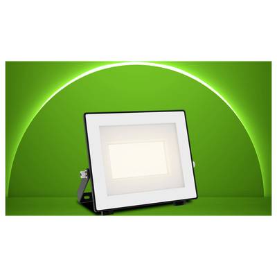 White LED panel light on a stand against a bright green background with a glowing arc.