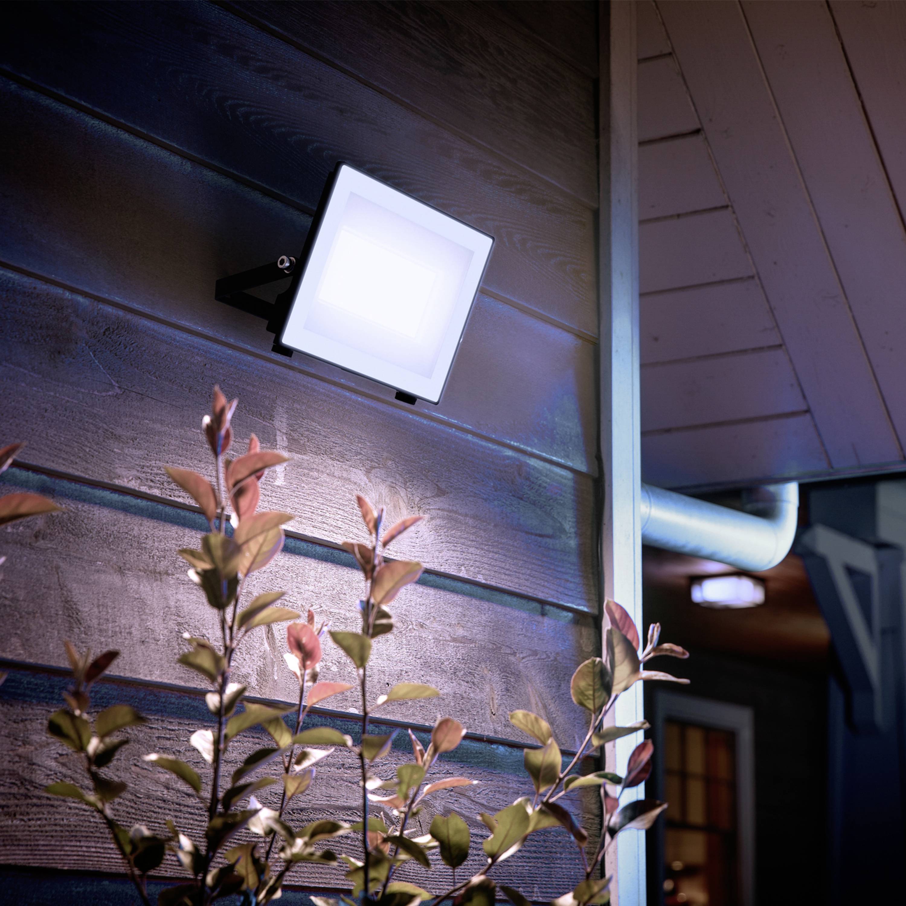 A radiant exterior light illuminates a house wall next to a bush at dusk, with additional lights in the background.