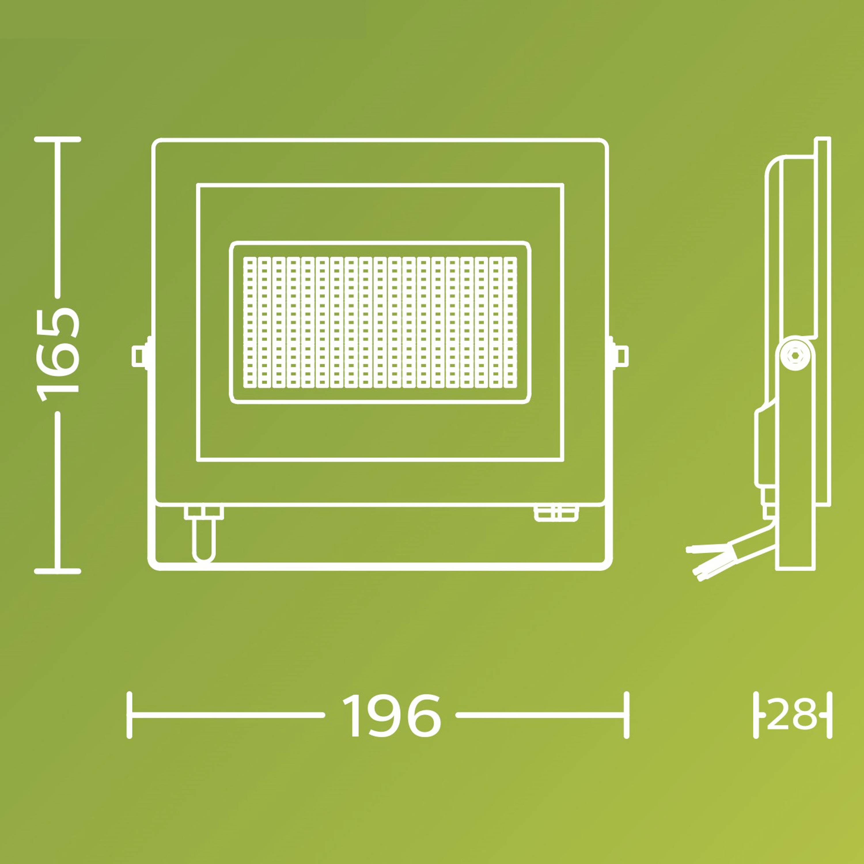 LED floodlight with dimensions: Height 165 mm, Width 196 mm, Depth 28 mm. Side view shows adjustable mounting arm.