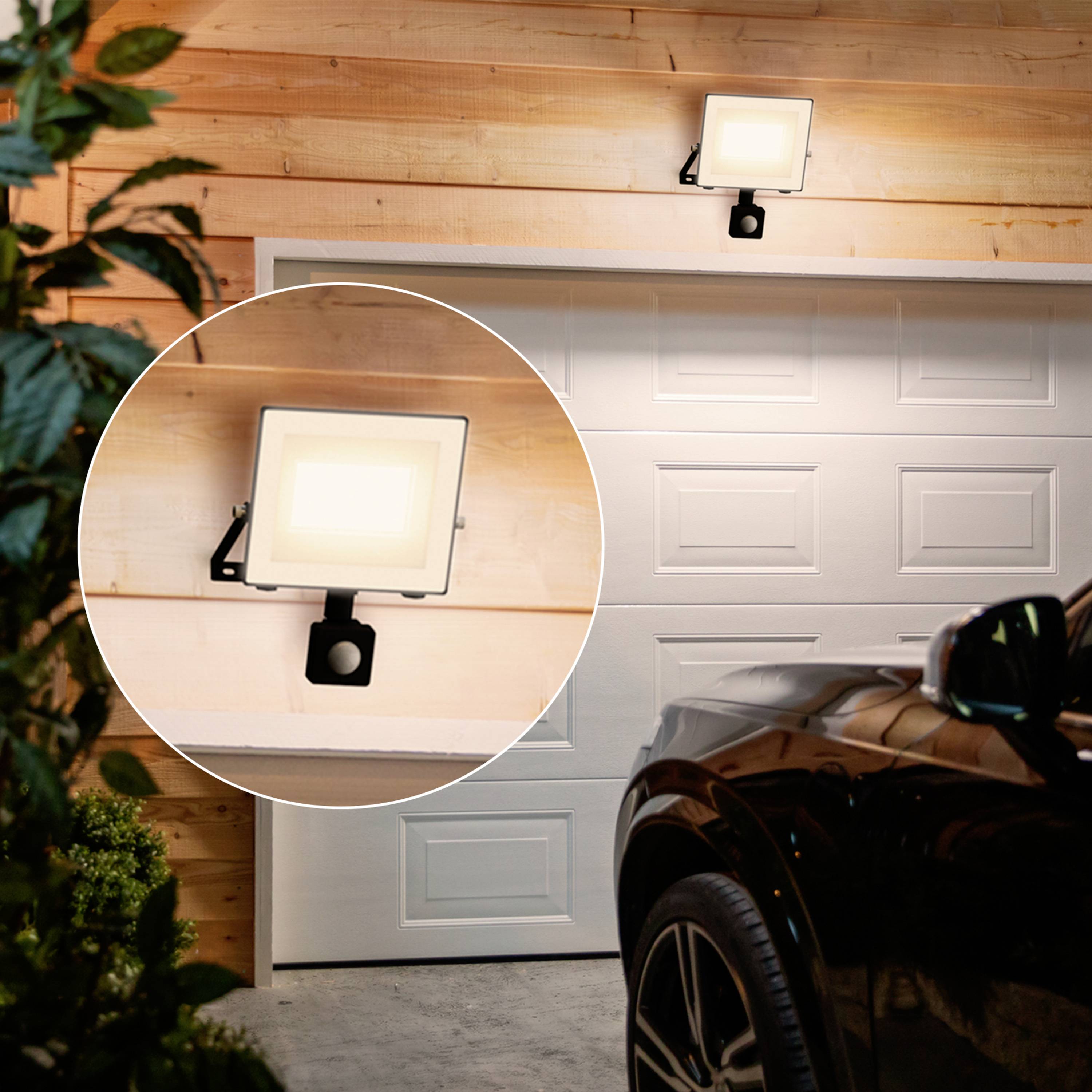 Headlights illuminate a garage above a white gate, with a car in the foreground. An enlarged section shows a detail of the light.